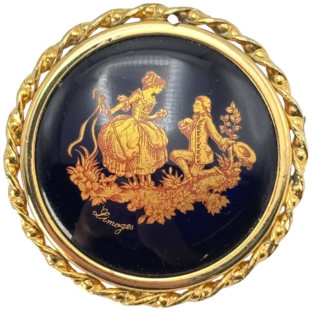 Limoges Courting Couple Figures Pin Brooch ~2" Blue Gold Porcelain France VTG
